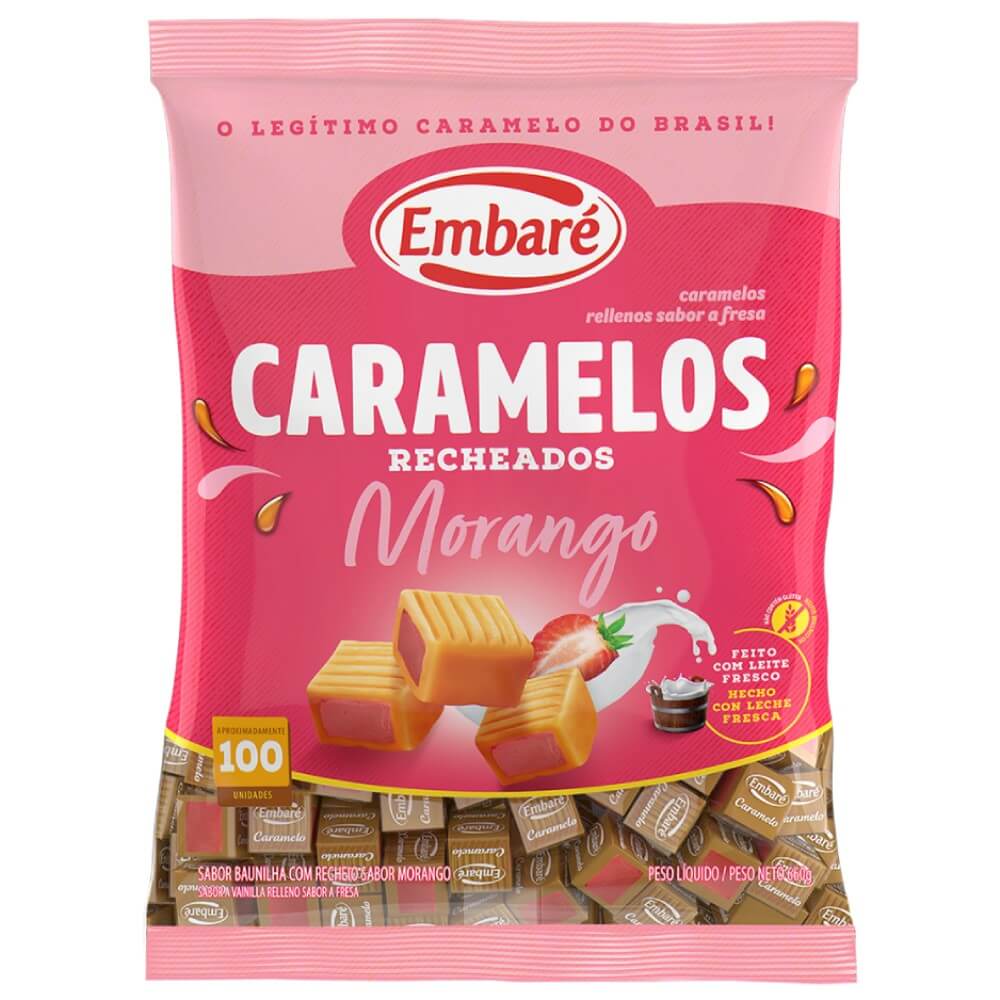 Bala Embaré Caramelo Recheados de Leite Morango 660g Coimbra Eletro