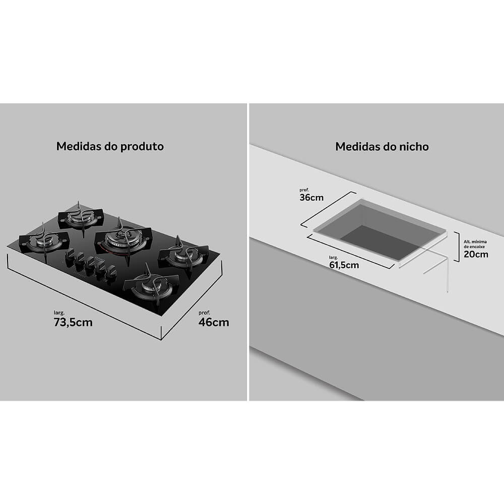 Cooktop Dako Supreme 5 Bocas com Mesa de Vidro e Tripla Chama Preto Bivolt Coimbra Eletro